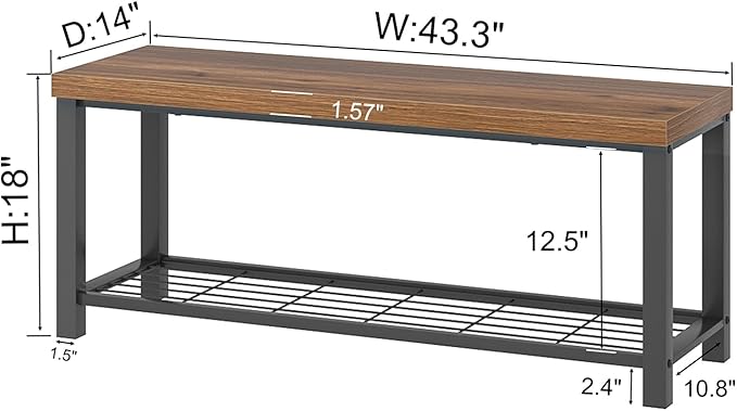 FOLUBAN Modern Entryway Bench - Rustic Wood and Metal Shoe Storage for Hallway Front Door Entrance, Industrial Indoor Seat for Bedroom Living Room, 43 Inch Walnut