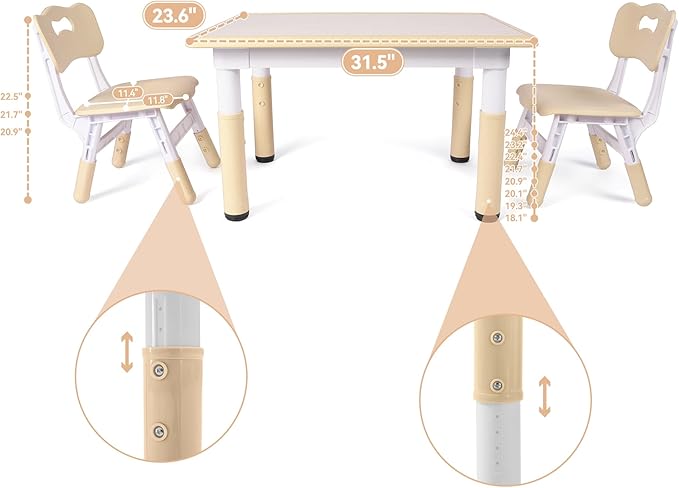 Kids Table and 2 Chairs Set, Height-Adjustable Toddler Table and Chair Set with Graffiti Desktop, 31.5''L x 23.6''W Children Activity Table for Daycare, Classroom, Home
