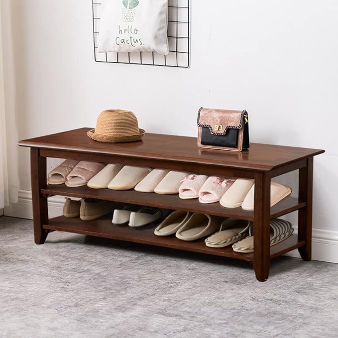 Shoe Bench with Storage for Entryway, 48", Shoe Rack Bench with 3-Tier Organizer Shelf for Hallway, Bedroom, Living Room, Solid Wood, Holds Up to 550Lbs, Dark Brown