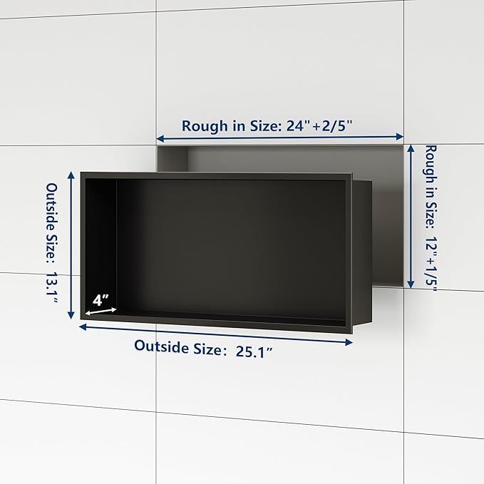Stainless Steel Shower Niche 24" X 12", No Tile Needed Wall Niche, Recessed Shower Shelf for Bathroom Storage, Matte Black