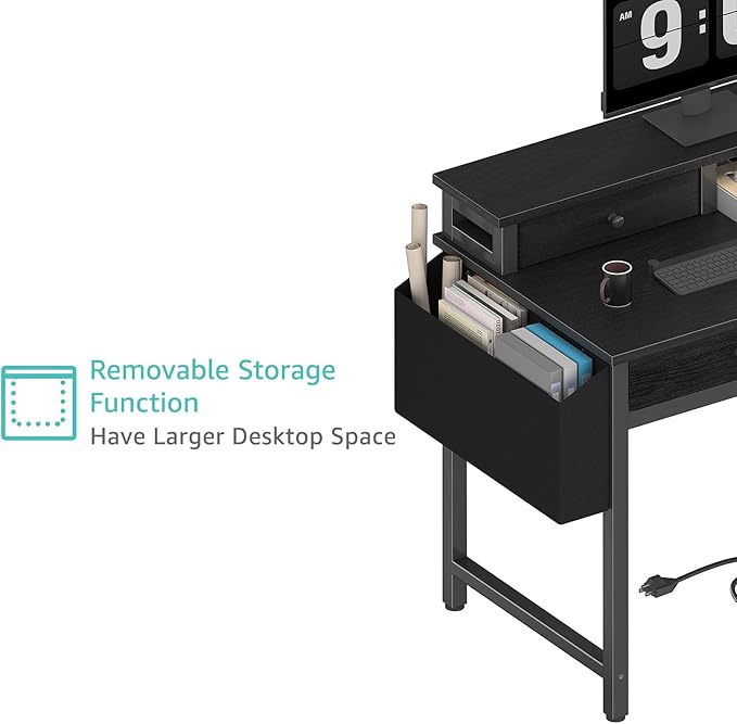 Lufeiya Small Desk with Drawers for Home Office Bedroom, 31 inch Black Writing Study Desks with Fabric Drawers Storage, Gaming Desk Table with Power Outlet & Monitor Stand, Black