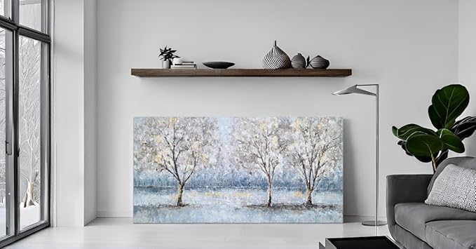 NdcSkyArt Blue Grey Tree Paintings Hand Painted Canvas Wall Art with Gold Foil Modern Abstract Grey Contemporary Rustic Farmhouse Family Tree Landscape Pictures Scenery Artwork
