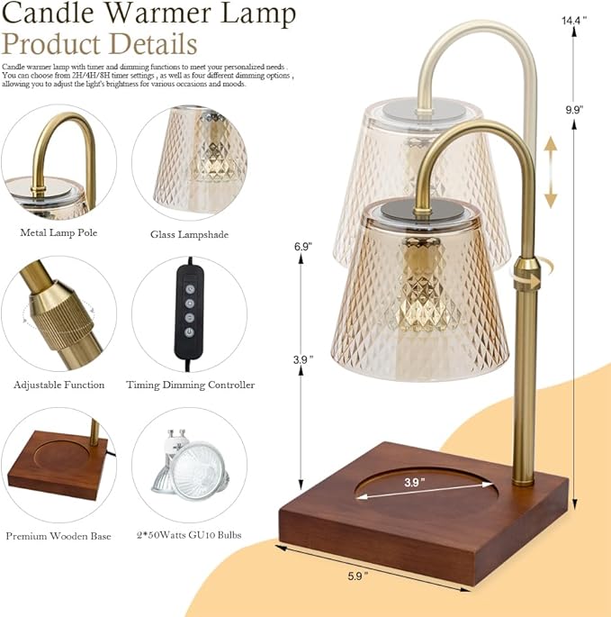 Candle Warmer Lamp: Adjustable Height, Dimmer, and On/Off Timer (8H/4H/2H) - an Elegant and Creative Gift, Fits Various Sizes of Scented Candles (Amber)