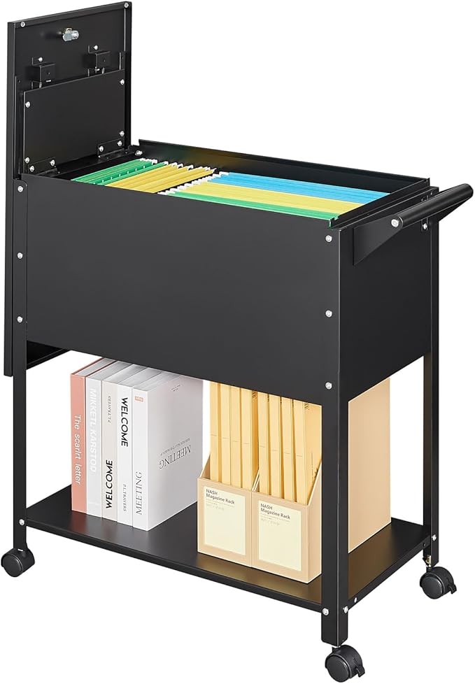 Metal Mobile File Cabinet, Rolling File Cart File Box with Sliding Cover and Wheels, Rolling Filing Cabinet Locking Tool Storage Cabinets for Home Classroom Office