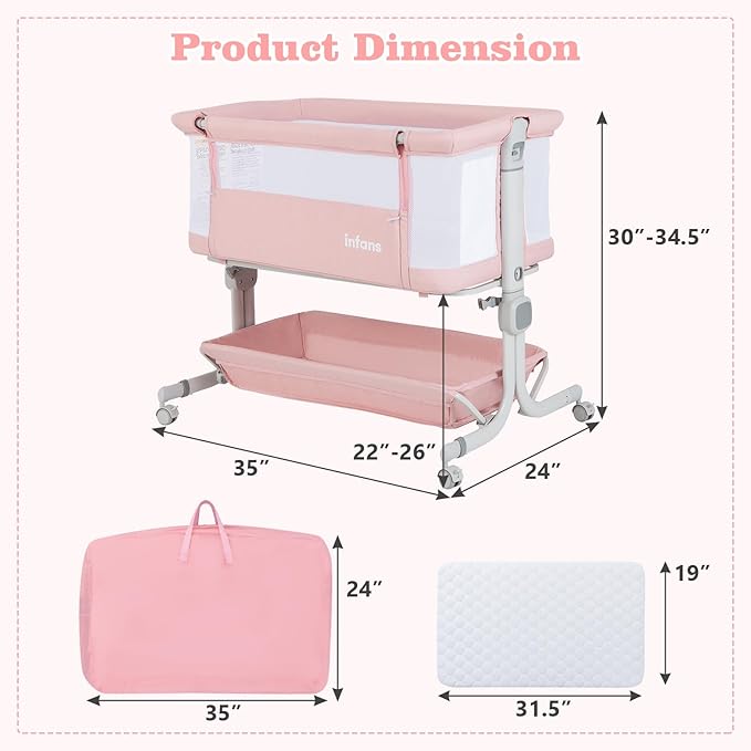 INFANS 3 in 1 Baby Bassinet, Bedside Sleeper with Comfy Mattress, Wheels, 6 Height Adjustable, Storage Basket, Travel Bag, Portable All Mesh Crib for Newborn Infant (Pink)