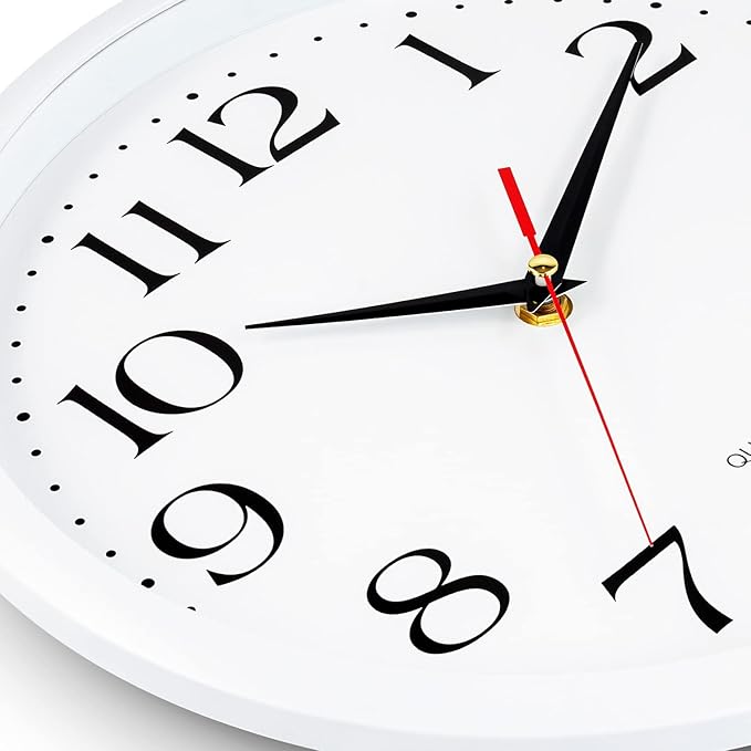 Bernhard Products White Wall Clock Silent Non Ticking, 12 Inch Quality Quartz Battery Operated Round Easy to Read Home/Office/Kitchen/Classroom/School Sweep Clock, Black Hands