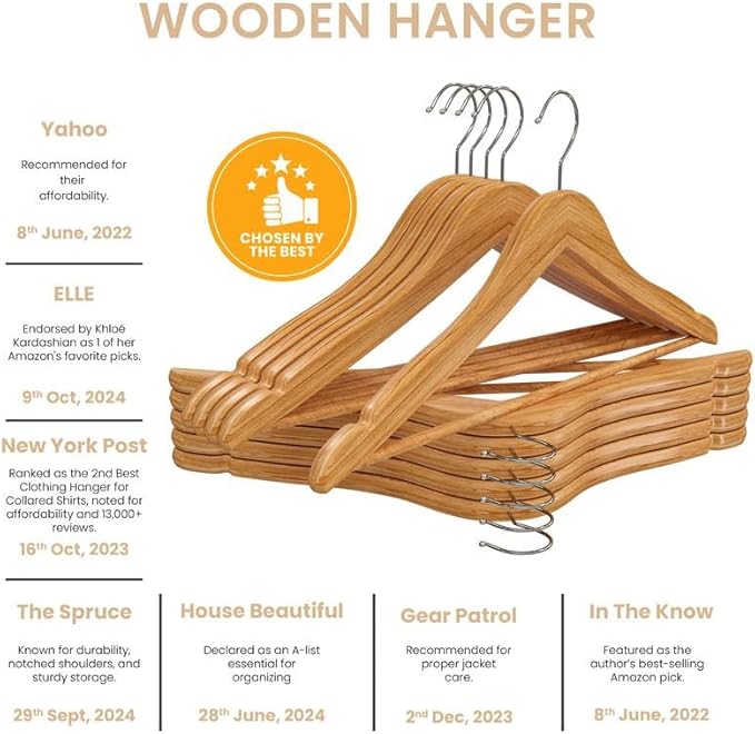 Utopia Home Premium Wooden Hangers 20 Pack - Durable & Slim Coat Hanger - Suit Hanger with 360-Degree Rotatable Hook - Wood Hangers with Shoulder Grooves (Natural Color)
