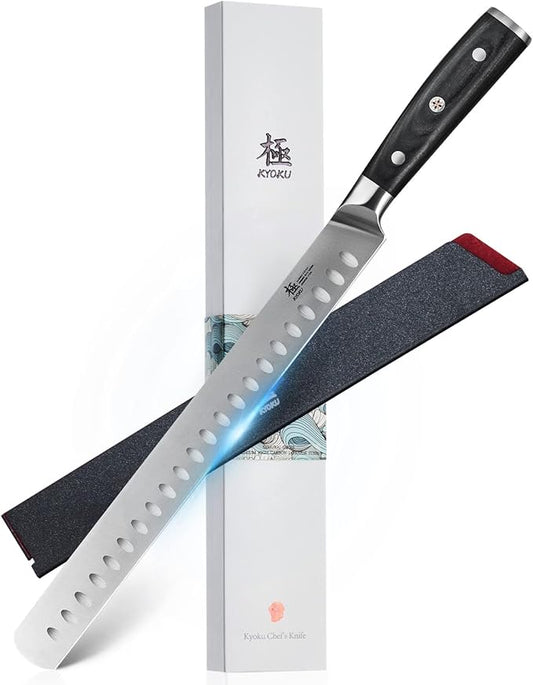 KYOKU 12" Slicing Knife, Samurai Series Brisket Knife for Meat Cutting with Pakkawood Handle, Japanese High Carbon Steel Meat Carving Knife for BBQ Brisket Turkey Ham Rib Roast Beef with Sheath & Case