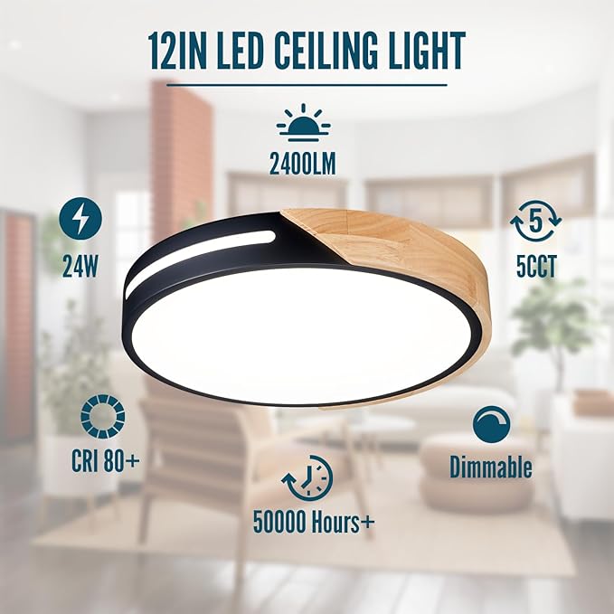 Black and Wood Flush Mount Ceiling Light Fixture 12 inch, Dimmable LED Flush Mount Black, Modern Light Fixture Ceiling Mount for Bedroom, Living Room, Kitchen, Bathroom, Hallway