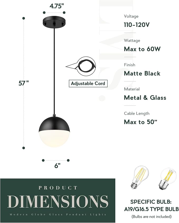 LMS Mid Century Pendant Lights, Matte Black Kitchen Island Light Fixtures with White Globe Glass Shade, Adjustable Hanging Cord, 3 Pack for Home Office Dining Room Bathroom, LMS-186PL-BKWS3PK
