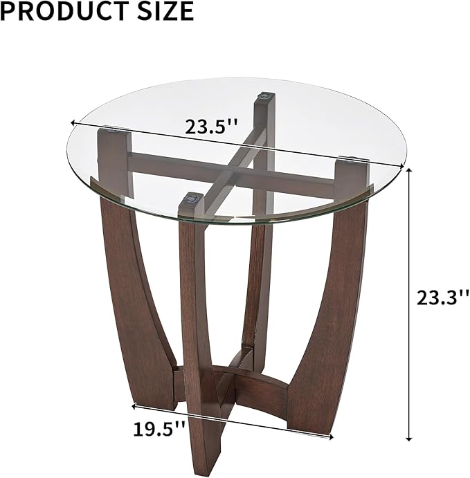 Glass End Table, 23.5" Round Side Tables with Tempered Glass Top Cross and Solid Wood Base Small Night Stand for Living Room Office Apartment Cherry
