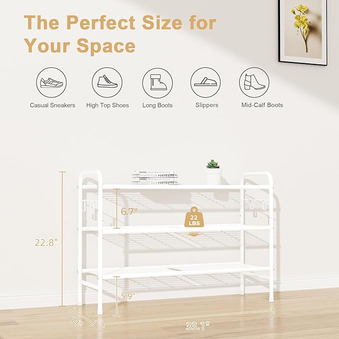 3 Tier Shoe Rack 33" Wide Metal Shoe Organizer Long Shoe Storage with 4 Side Hooks Sturdy Shoes Shelf for Front Door Entrance, Closet, Garage, Dorm, White