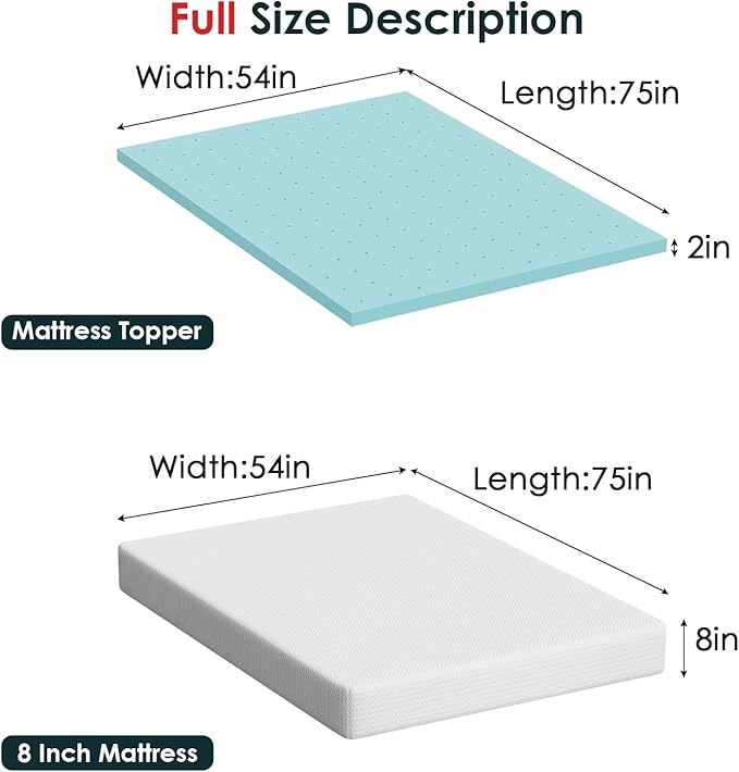 FDW 8 inch Full Mattress Gel Memory Foam Mattress for Cool Sleep,Medium Firm with 2 Inch Gel Memory Foam Topper Set/,Pressure Relief,CertiPUR-US Certified (Full)