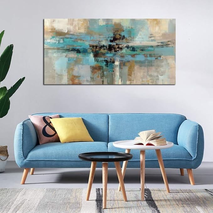 DZL Art A74750 Canvas Prints Abstract Wall Art Print Paintings Blue and Brown Stretched Canvas Wooden Framed for living Room Bedroom and Office Home Decor Artwork