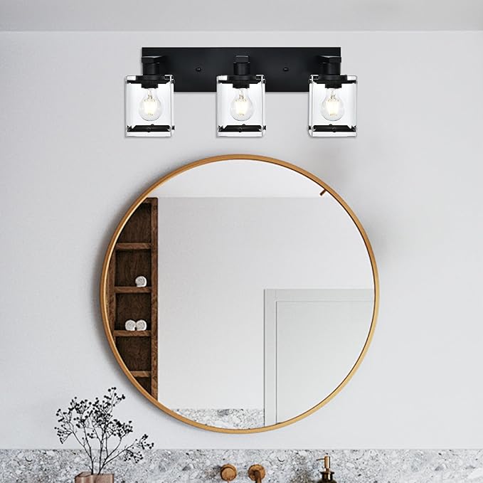 3-Light Black Bathroom Light Fixture Over Mirror, Vanity Wall Lighting with Rectangular Clear Glass, E26 Bulb Base