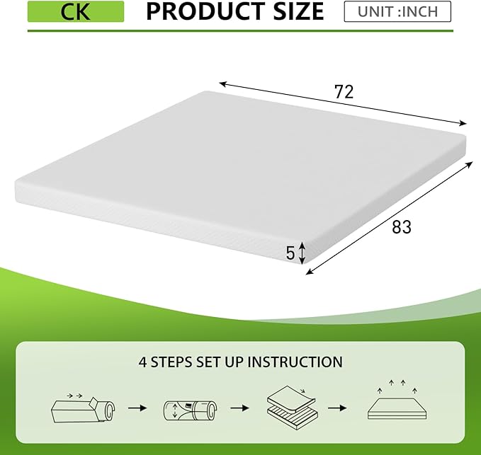 PayLessHere 5 Inch Gel Memory Foam Mattress Medium Firm Mattresses CertiPUR-US Certified Bed-in-a-Box Pressure Relieving California King Size,Fiberglass Free，White