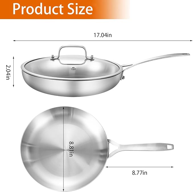 DELARLO Tri-Ply Stainless Steel 8 inch Frying Pan With Lid, Oven Safe Induction Skillet, Suitable for All Stoves Up to 600℉（Lids 300℉）