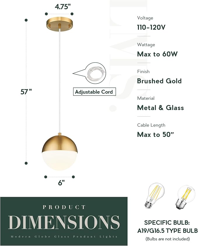 LMS Mid Century Pendant Lights, Brushed Gold Kitchen Island Light Fixtures with White Globe Glass Shade, Adjustable Hanging Cord, 3-Pack for Home Office Dining Room Bathroom, LMS-186PL-BGWS3PK