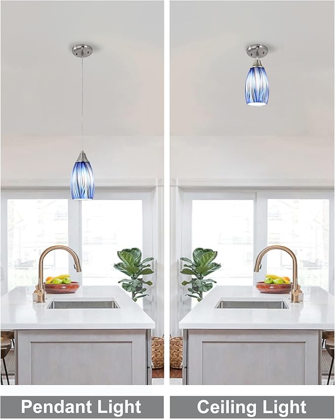 Mini Art Glass Dark Blue Pendant Lights Kitchen Island Hand Blown Mini Glass Pendant Lights with Brush Nickel Finish Adjustable Cord for Kitchen Over Sink,Hallway,Dining Room,Stairsway