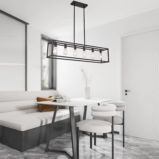 Farmhouse Rectangle Chandeliers for Dining Rooms, Kitchen Fixture Lights Pendant Lights Kitchen Island Black 6-Light Industrial Pendant Lighting for Kitchen Island