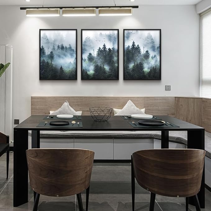 Large size Black Framed Wall Art For Living Room Wall Decorations For Bedroom Office Wall Decor Foggy Forest Paintings Trees Landscape Wall Pictures Prints Artwork Home Decor of 3 Piece Framed Art