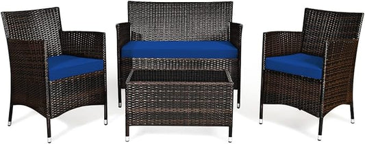 Goplus 4-Piece Rattan Patio Set, Outdoor/Indoor Wicker Conversation Set for Pool, Backyard, Lawn, Wicker Chairs and Sofa with Soft Cushion, Rattan Furniture with Tempered Glass Coffee Table