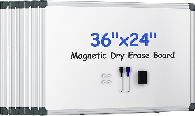 VUSIGN 6PCS Magnetic White Board Kit for Wall 36" x24", 6 Dry Eraser & 12 Multicolor Markers & 24 MagneticPins, Sliver Reinforced Aluminum Frame for Home, School, Office