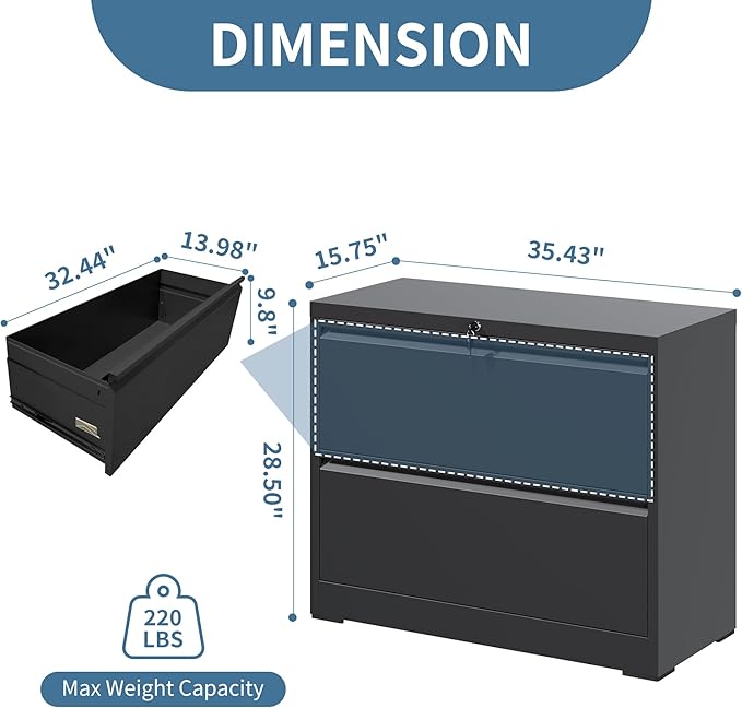AQY 2 Drawer File Cabinet with Lock,Metal Lateral File Cabinets for Home Office,Steel Wide Filing Organization Storage Cabinets for Hanging Files Letter/Legal/F4/A4 Size Assembly Required(Black)