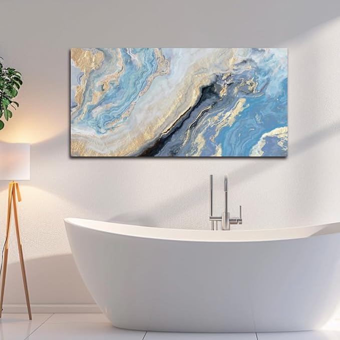 Abstract Canvas Wall Art Decor for Living Room Blue Gold Marbling Pictures Painting for Bedroom Modern Abstract Canvas Art Ptints for Bathroom Office Home Decorations