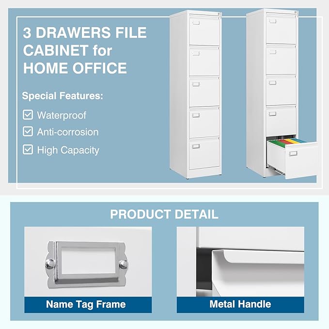5-Drawer File Cabinet, 16.3" Deep Vertical Metal Filing Cabinet with Lock for Home Office, Anti-Tip 5 Storage Drawers for Letter/Legal/A4/F4 Size (Assemble Required, White)