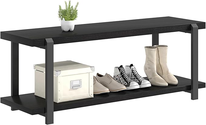 EXCEFUR Entryway Bench, Modern Wood and Metal Storage Bench for Hallway, Industrial Indoor Shoe Rack Bench Seat for Living Room Bedroom, Black Oak 47 Inch Long
