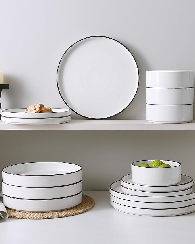 Famiware Nebula Plates and Bowls Sets for 4, 12 Pieces Stoneware Dinnerware Set, Microwave and Dishwasher Safe Dishes Set, White with Black Rim