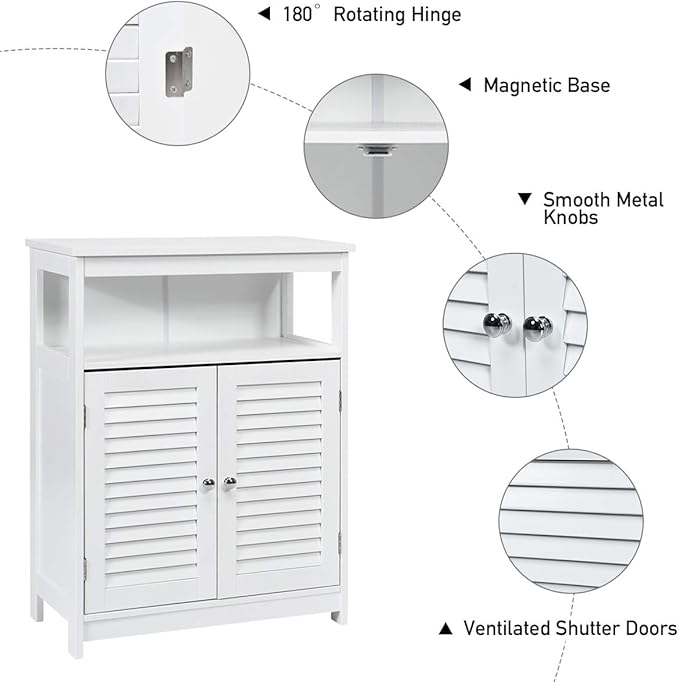 Tangkula Bathroom Floor Cabinet, Wooden Freestanding Storage Cabinet with Double Shutter Door & Adjustable Shelf, Storage Cabinet for Bathroom Living Room (White)