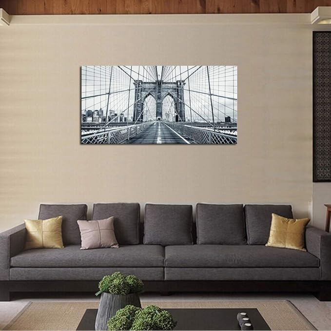 DZL Art Q70775 Black and White New York City Brooklyn Bridge Wall Art Painting Wall Art Canvas Prints Painting Picture Stretched and Framed For Living Room Decor Office Wall Decor Home Decoration