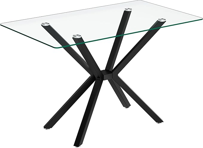 Modern Rectangular Glass Dining Table with Tempered Glass Top and Metal Legs - Perfect for Home, Kitchen, Dining Room