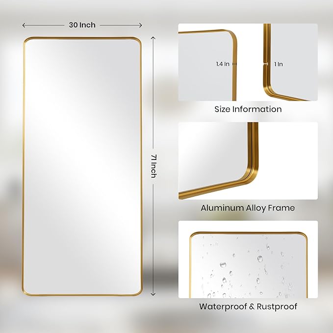 Rectangle Mirror Full Length 30" x 71" Large Floor Mirror Gold Shadow Box Frame Wall-Mounted Hanging Wall for Home Decor Leaning Wall Full Body Dressing Mirror for Closet Bedroom