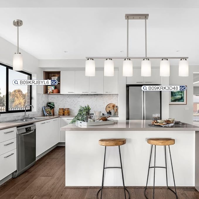 6-Lights Farmhouse Pendant Light Fixture Kitchen Island Lights with Opal White Glass Shade, Hanging Ceiling Light in Brushes Nickel for Dining Room Home Lighting