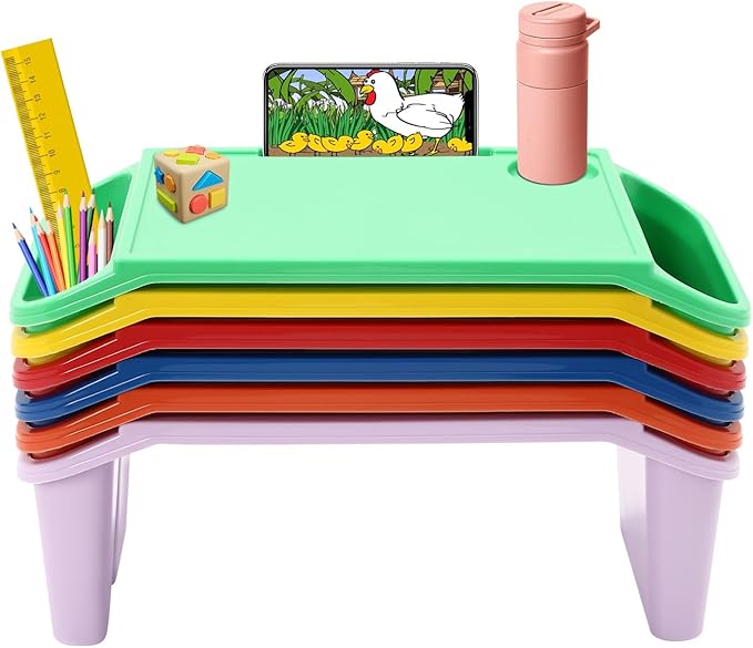 Set of 6 Kids Lap Desk Tray, Portable Activity Table, Plastic, Stackable for Drawing, Writing, Eating, Classroom, 19.69" L x 9.84" W x 7.09" H, (Red+Green+Yellow+Purple+Orange+Blue)