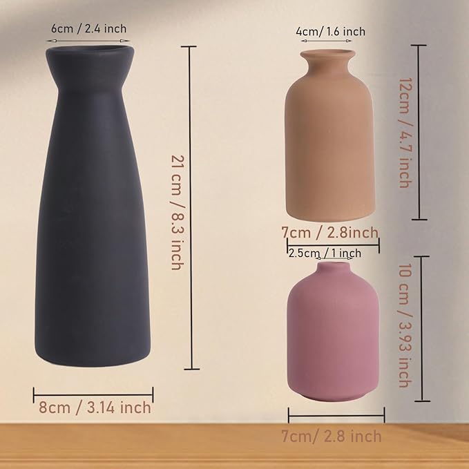 Ceramic Vase Set of 3, Rustic Modern Brown Vases for Bouquet, Fresh or Dried Plants, Home Decor-Modern Decorative Ceramic Flowers Vase for Rustic Home Decor (Black-Pink)