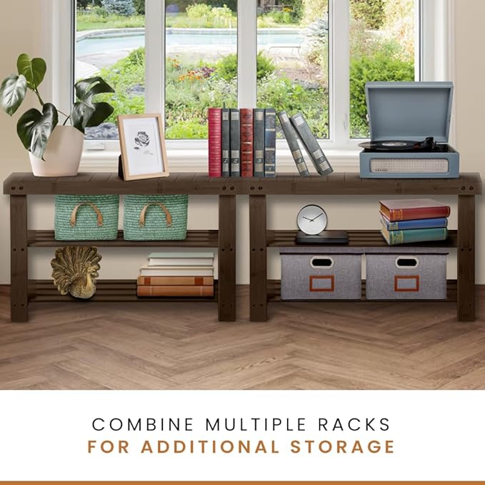 Leaf & Grain Bamboo Shoe Rack - Shoe Storage Bench for Front Door Entrance – Entryway Bench with Shoe Shelf, Shoe Storage Organizer, Wooden Shoe Rack, Durable Shoe Bench for Home (Walnut)