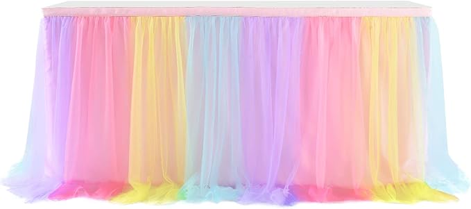 Rainbow Table Skirt for Baby Shower Girl Birthday Party 14ft Colorful Tulle Tutu Table Skirt Decorations for Gender Reveal Unicorn Theme Party Cake Dessert Decorations(L14(ft) H 30in, Rainbow)