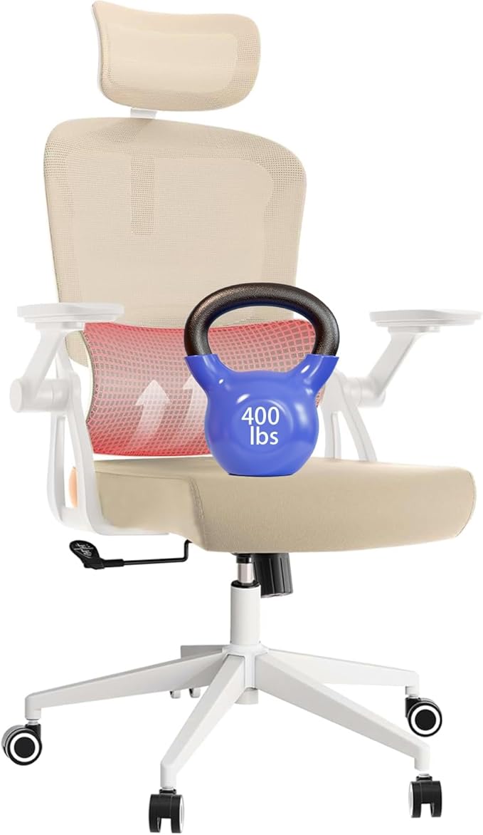 Ergonomic Office Chair - 400LB Comfy Desk Chairs with Headrest and Back Support, Heavy Duty Mesh Computer Chairs with Wheels and Arms for Home Office, Study, Bedroom and Dorm (04Khaki)