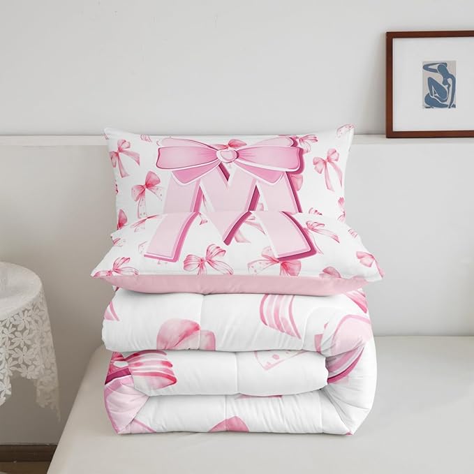 jejeloiu Kids Girls Cute Pink Bow Comforter Set King Size Monogrammed Bedding Set Ultra Soft Personalized Initial M Duvet Quilt Coquette Bow Knot Quilt Set Room Decor Modern Fashion Comforter
