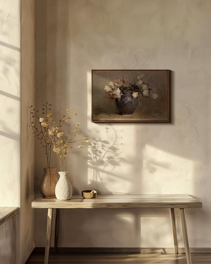 InSimSea Framed Flower Canvas Large Wall Art Prints Decor, Vintage Floral Rustic Decorations for Living Room, Farmhouse Wall Decor for Living Room Bedroom 20x30inch, Roses in Vase