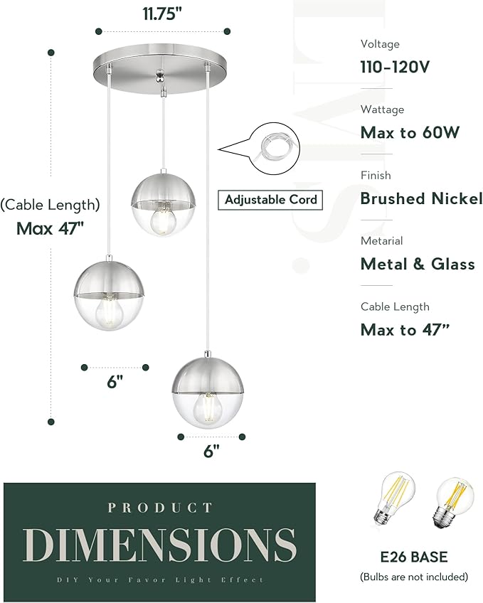 LMS Modern Brushed Nickel 3-Light Cluster Pendant Lights, Mid Century Pendant Lighting with Clear Globe Glass Shade, Adjustable Hanging Cord Ceiling Light for Bathroom Dining Room, LMS-186BNC3