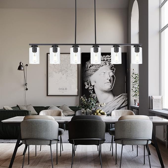 Black 6-Lights Kitchen Island Light with Clear Glass Shades, Farmhouse Hanging Pendant Light Fixture for Farmhouse Dining Room Living Room