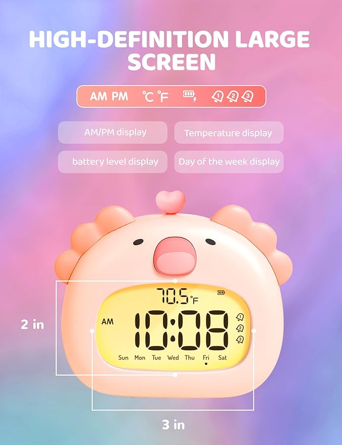 Axolotl Alarm Clock with Night Light for Kids Girls, Cute Pink Axolotl Lamp Digital Clocks, Timer, 3 Alarms, Date & Day, USB Rechargeable Bedrooms Decor Party Favors