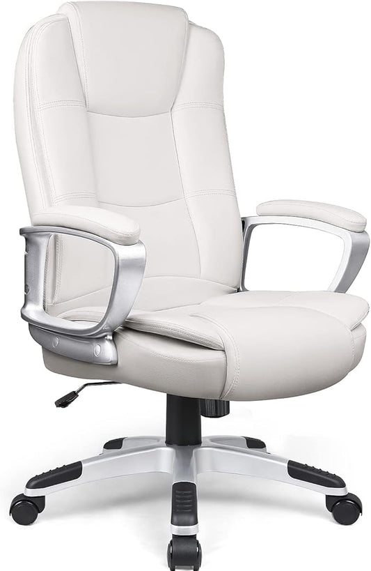 LEMBERI Office Desk Chair, Big and Tall Managerial Executive Chair, High Back Computer Chair, Ergonomic Adjustable Height PU Leather Chairs with Cushions Armrest for Long Time Sitting (White)