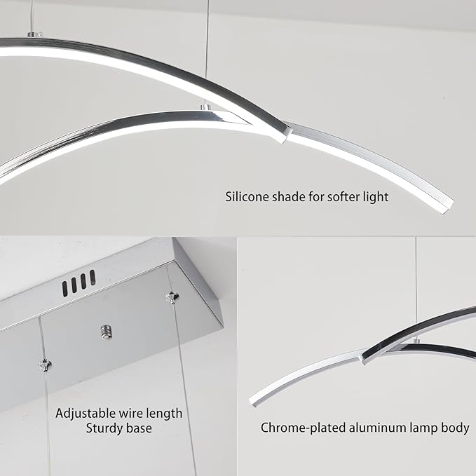 Modern Led Pendant Light, Dimmable Chrome Led Chandelier for Dining Room Light Fixture Over Table Creative Wave Pendant Light for Kitchen Island, Dining Room, Bedroom(Chrome)