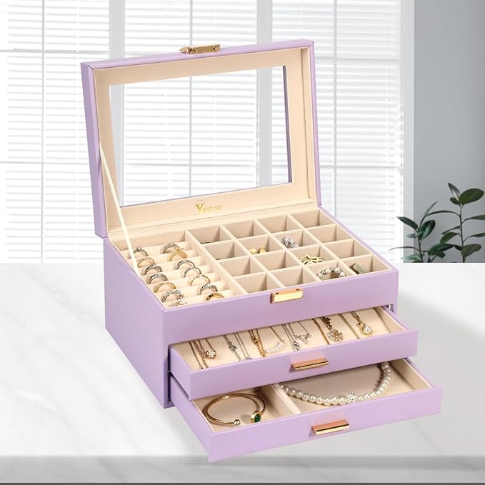 Voova Jewelry Box Organizer for Women Girls, 3 Layer PU Leather Jewelry Storage Case with Glass Lid & 2 Drawers, Large Jewellery Display Holder for Necklaces Rings Earrings Bracelets, Lavender